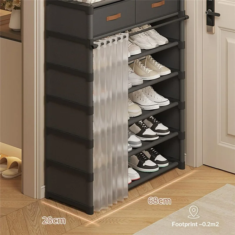 7-уровневая обувница с ящиками, 64 см, шкаф для прихожей с пылезащитной шторкой, многоярусная система хранения - черный цвет