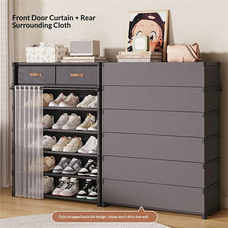 7-уровневая обувница с ящиками, 64 см, шкаф для прихожей с пылезащитной шторкой, многоярусная система хранения - черный цвет