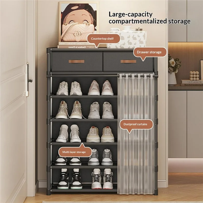 7-уровневая обувница с ящиками, 64 см, шкаф для прихожей с пылезащитной шторкой, многоярусная система хранения - черный цвет