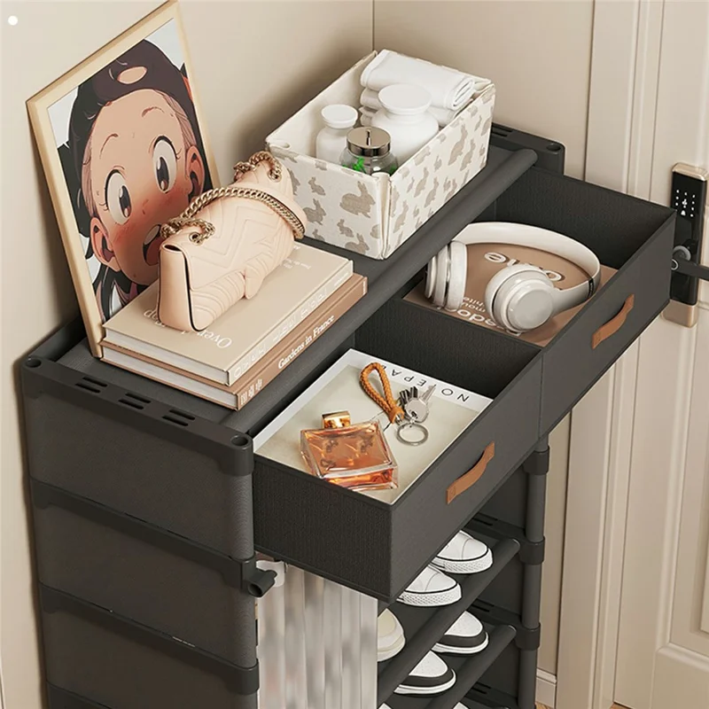 7-уровневая обувница с ящиками, 64 см, шкаф для прихожей с пылезащитной шторкой, многоярусная система хранения - черный цвет