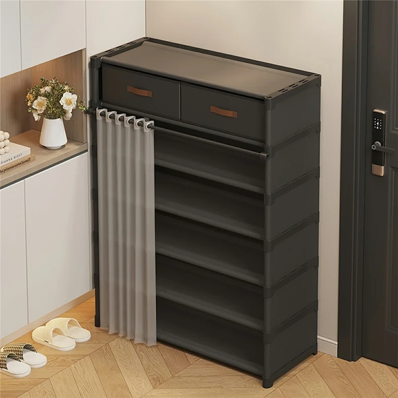 7-уровневая обувница с ящиками, 64 см, шкаф для прихожей с пылезащитной шторкой, многоярусная система хранения - черный цвет