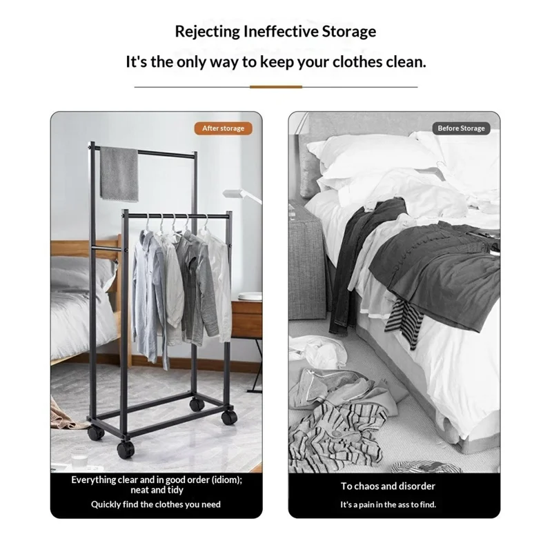 Напольная передвижная сушилка для одежды с колесиками, органайзер для одежды, двухъярусная вешалка, хранение - черный