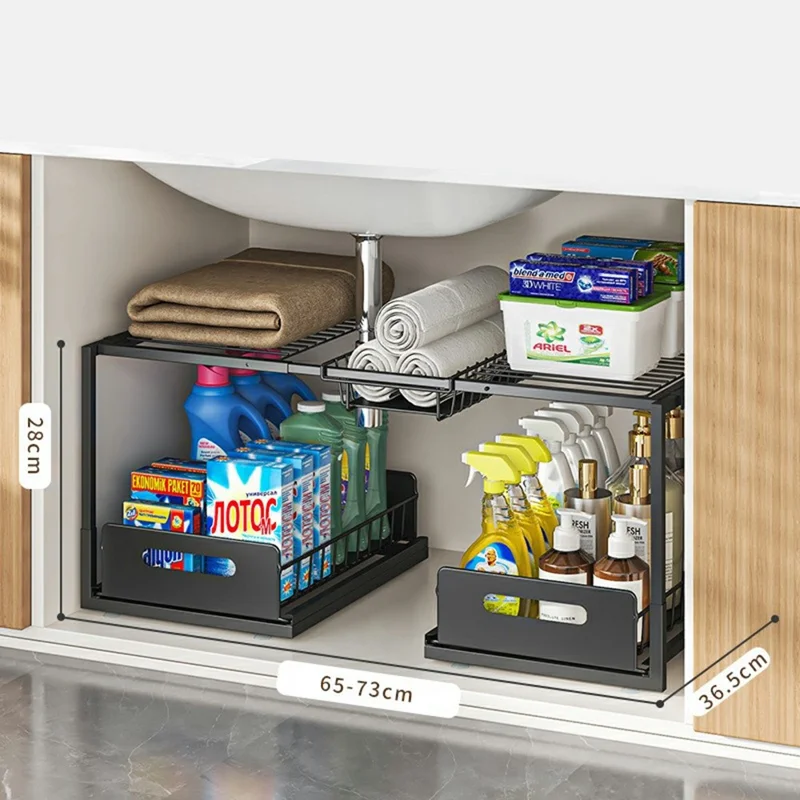 Двухъярусная полка для хранения под раковину, регулируемая по ширине, органайзер для кухонного шкафа с выдвижными ящиками — один ящик / черный