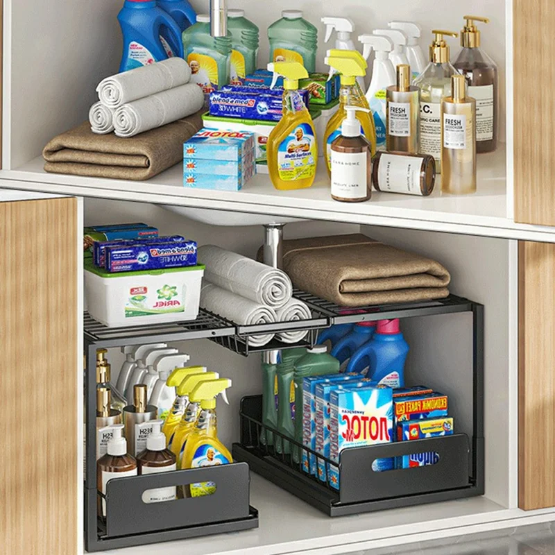 Двухъярусная полка для хранения под раковину, регулируемая по ширине, органайзер для кухонного шкафа с выдвижными ящиками — один ящик / черный