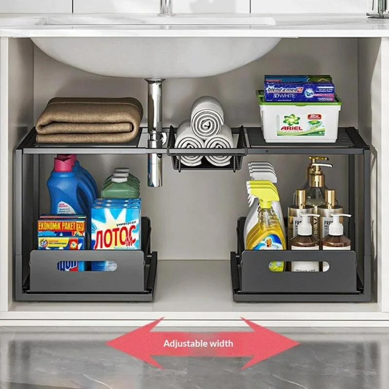 Двухъярусная полка для хранения под раковину, регулируемая по ширине, органайзер для кухонного шкафа с выдвижными ящиками — один ящик / черный