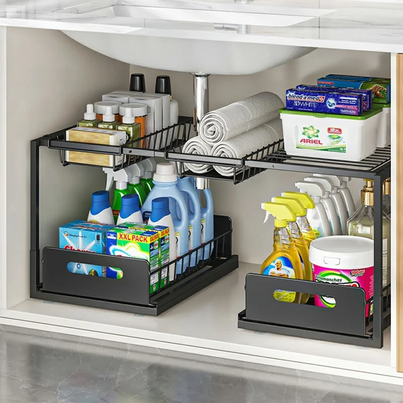 Двухъярусная полка для хранения под раковину, регулируемая по ширине, органайзер для кухонного шкафа с выдвижными ящиками — один ящик / черный