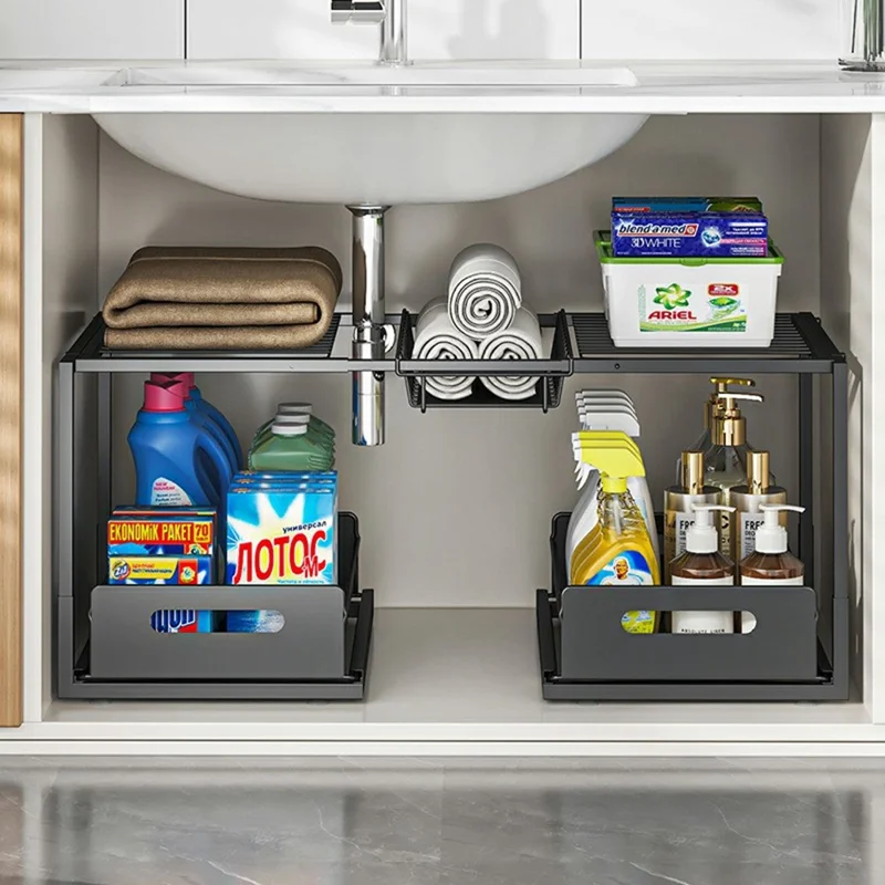 Двухъярусная полка для хранения под раковину, регулируемая по ширине, органайзер для кухонного шкафа с выдвижными ящиками — один ящик / черный