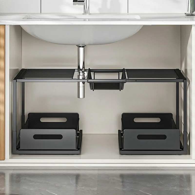 Двухъярусная полка для хранения под раковину, регулируемая по ширине, органайзер для кухонного шкафа с выдвижными ящиками — один ящик / черный