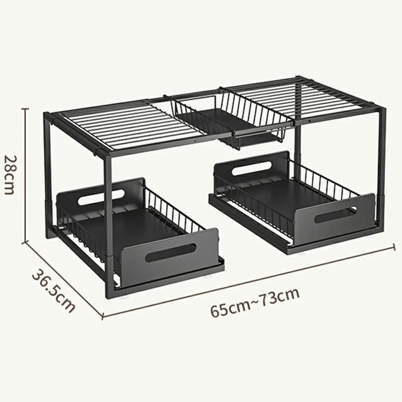 Двухъярусная полка для хранения под раковину, регулируемая по ширине, органайзер для кухонного шкафа с выдвижными ящиками — один ящик / черный