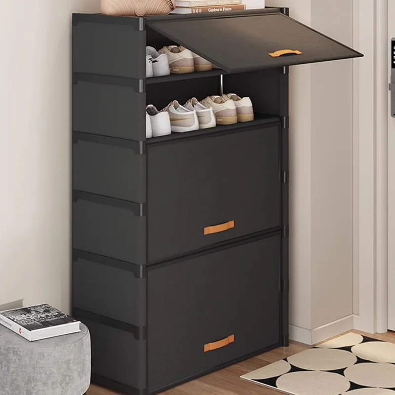 7-ярусная стойка для обуви 64 см, стеллаж для хранения с откидной крышкой, магнитным замком, пылезащитная обувная тумба - черная