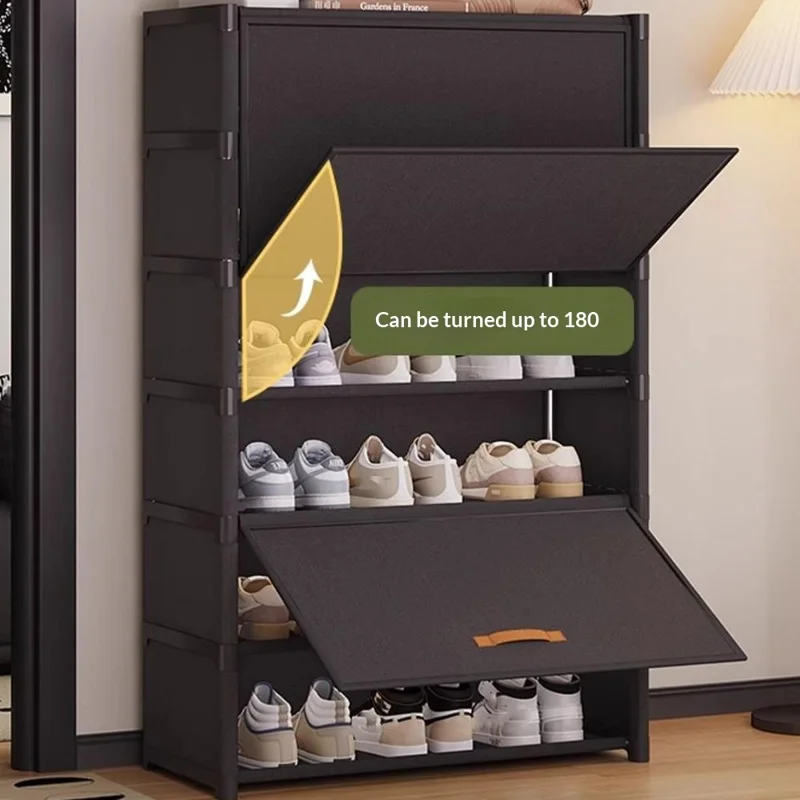 7-ярусная стойка для обуви 64 см, стеллаж для хранения с откидной крышкой, магнитным замком, пылезащитная обувная тумба - черная