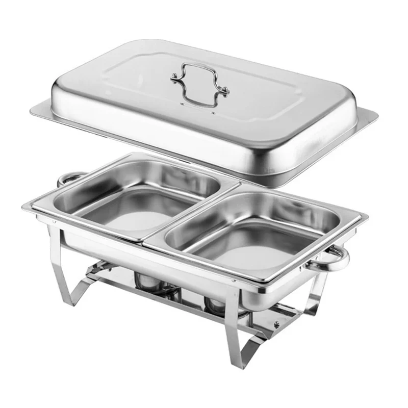 Stainless Steel Catering Chafer Chafing Dish with 2 Pan and Lid Alcohol Heated Food Server Warmer - Silver