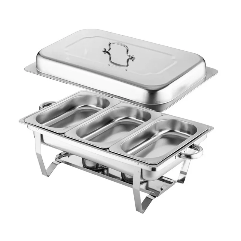 Stainless Steel Catering Chafer Chafing Dish with 3 Pan and Lid Alcohol Heated Food Server Warmer - Silver