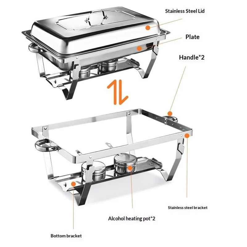 Stainless Steel Catering Chafer Chafing Dish with 3 Pan and Lid Alcohol Heated Food Server Warmer - Silver