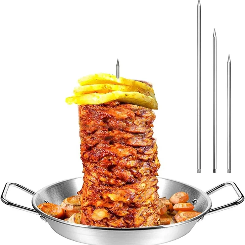 Al Pastor Skewer Set 9 x 1.5 inch Stainless Steel Vertical BBQ Grilling Pan for Grill with 3 Removable Skewer - Silver