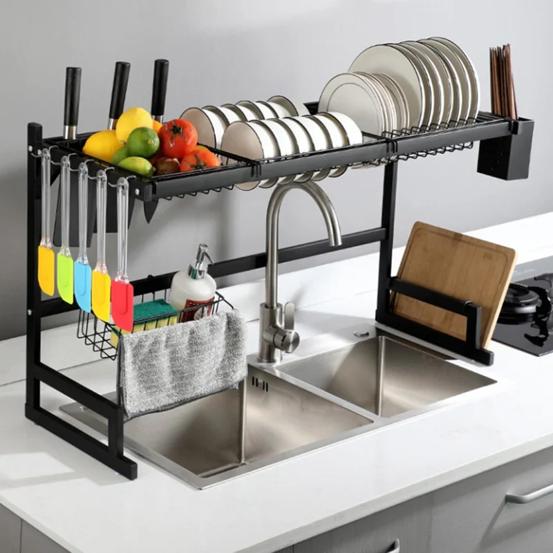 65 cm køkkenvaskemaskine tørreskab i rustfrit stål over vask opbevaringsorganisator hylde - Sort