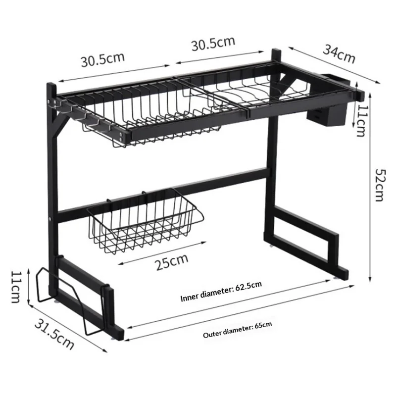 65 cm køkkenvaskemaskine tørreskab i rustfrit stål over vask opbevaringsorganisator hylde - Sort