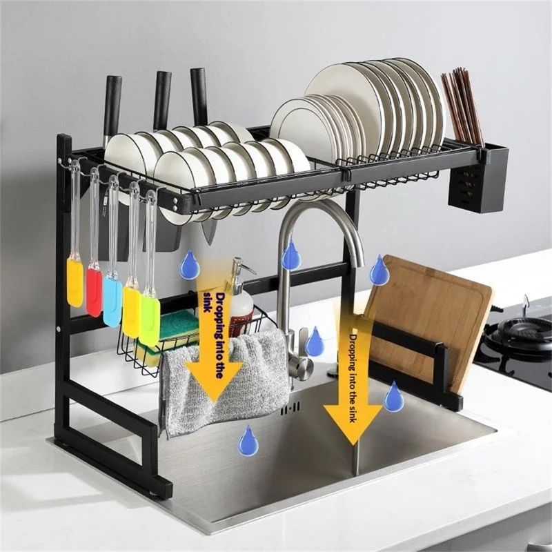 85 cm køkkenvaskemaskine tørreskab i rustfrit stål over vask opbevaringsorganisator hylde - Sort