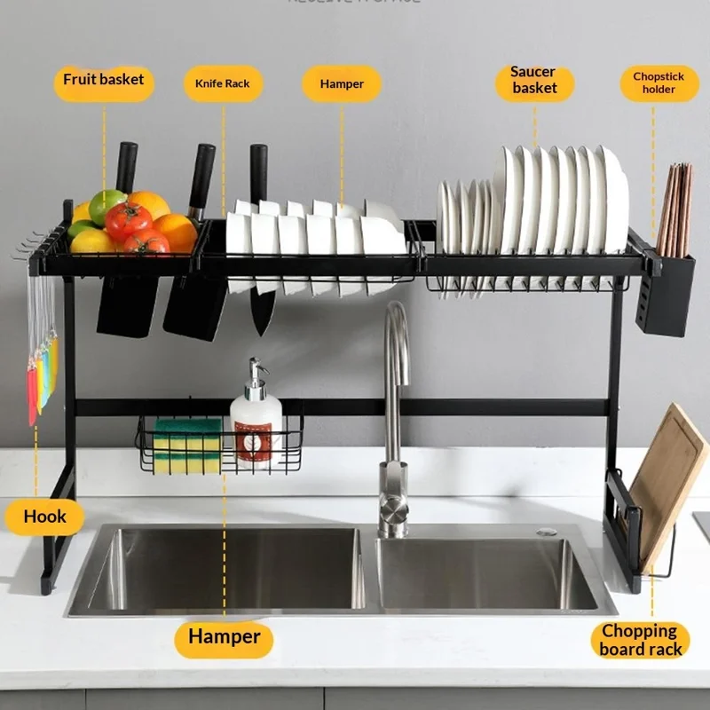 85 cm køkkenvaskemaskine tørreskab i rustfrit stål over vask opbevaringsorganisator hylde - Sort