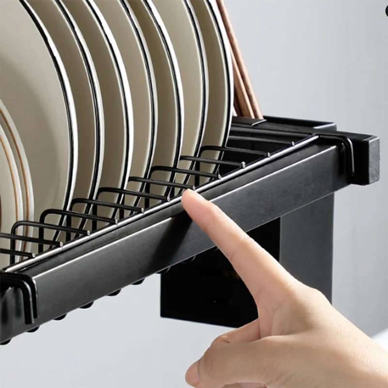 85 cm køkkenvaskemaskine tørreskab i rustfrit stål over vask opbevaringsorganisator hylde - Sort