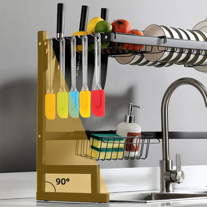 85 cm køkkenvaskemaskine tørreskab i rustfrit stål over vask opbevaringsorganisator hylde - Sort