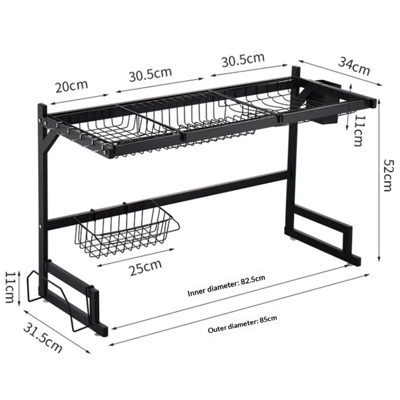 85 cm køkkenvaskemaskine tørreskab i rustfrit stål over vask opbevaringsorganisator hylde - Sort