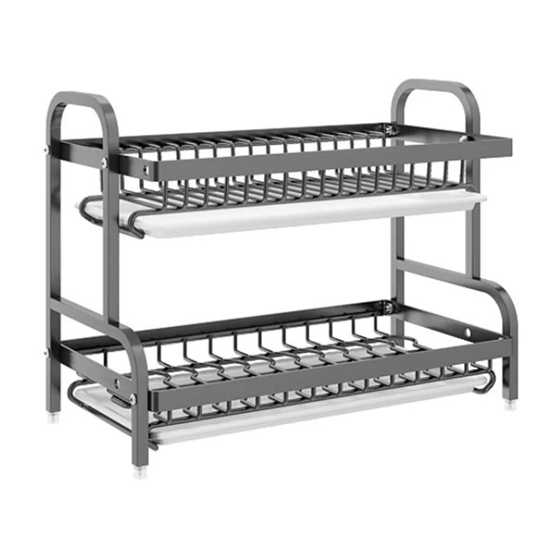 53 cm 2-lags køkkenracks til tallerkentørring i rustfrit stål med dryppetrug - Sort