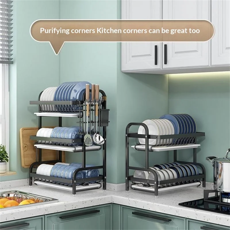 53 cm 2-lags køkkenracks til tallerkentørring i rustfrit stål med dryppetrug - Sort