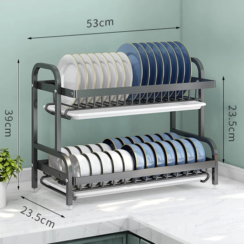 53 cm 2-lags køkkenracks til tallerkentørring i rustfrit stål med dryppetrug - Sort