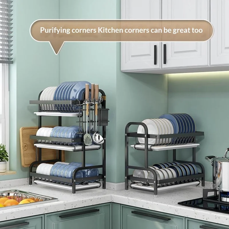 53cm Kitchen Dish Drying Rack 2 Tier Stainless Steel Drainer with Cutlery Cutting Board Holder - Black