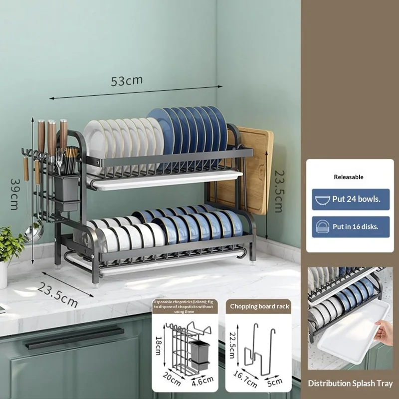 53cm Kitchen Dish Drying Rack 2 Tier Stainless Steel Drainer with Cutlery Cutting Board Holder - Black