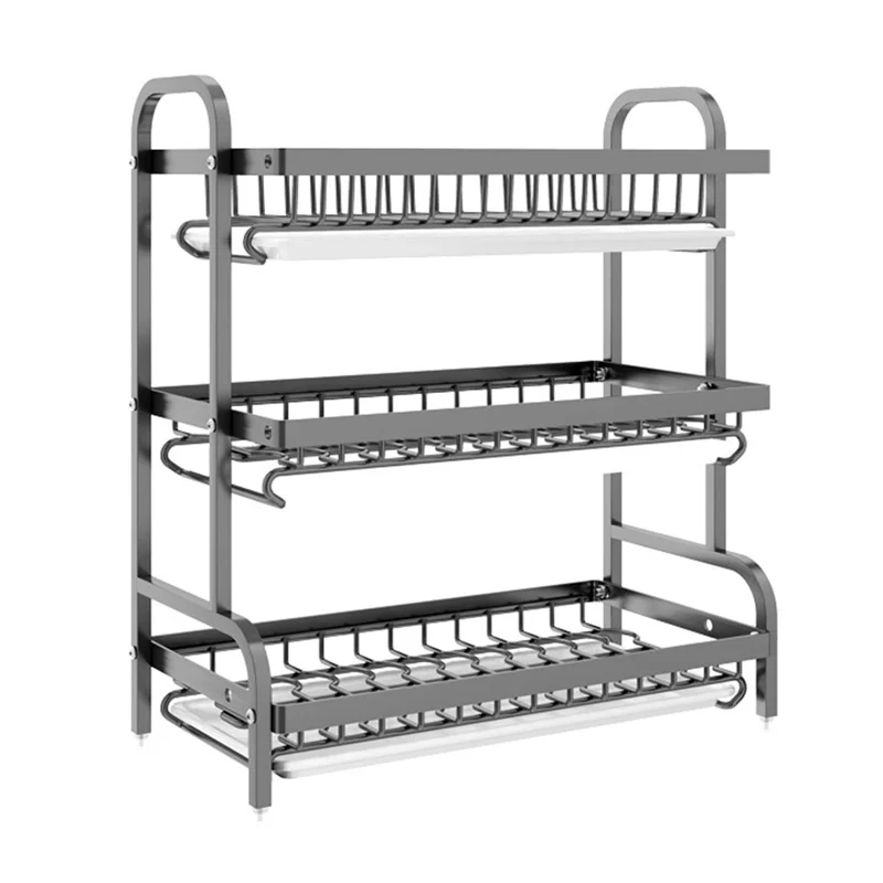 53cm 3 Tier Kitchen Dish Drying Rack Stainless Steel Drainer Shelf with Drip Tray - Black