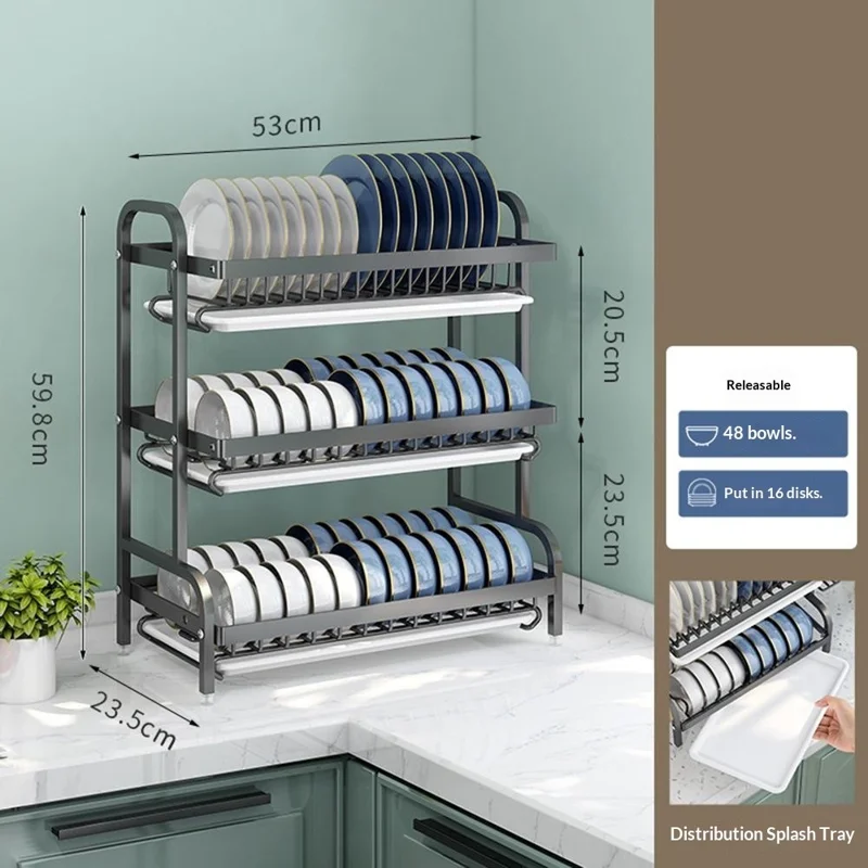 53cm 3 Tier Kitchen Dish Drying Rack Stainless Steel Drainer Shelf with Drip Tray - Black