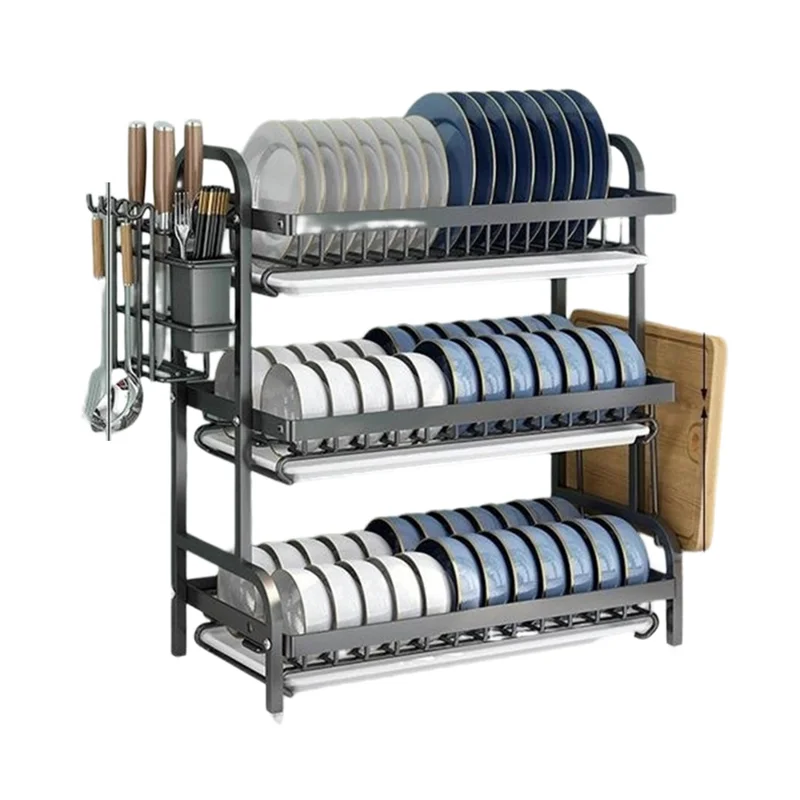 53cm 3 Tier Kitchen Dish Drying Rack Stainless Steel Drainer Shelf with Cutlery Holder Chopping Board Rack - Black