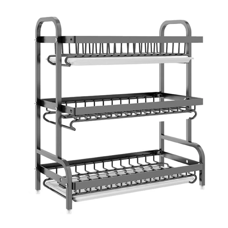 53cm 3 Tier Kitchen Dish Drying Rack Stainless Steel Drainer Shelf with Cutlery Holder Chopping Board Rack - Black