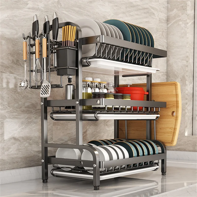 53cm 3 Tier Kitchen Dish Drying Rack Stainless Steel Drainer Shelf with Cutlery Holder Chopping Board Rack - Black