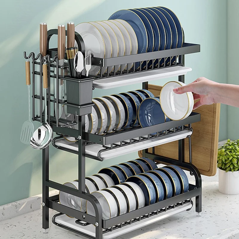 53cm 3 Tier Kitchen Dish Drying Rack Stainless Steel Drainer Shelf with Cutlery Holder Chopping Board Rack - Black