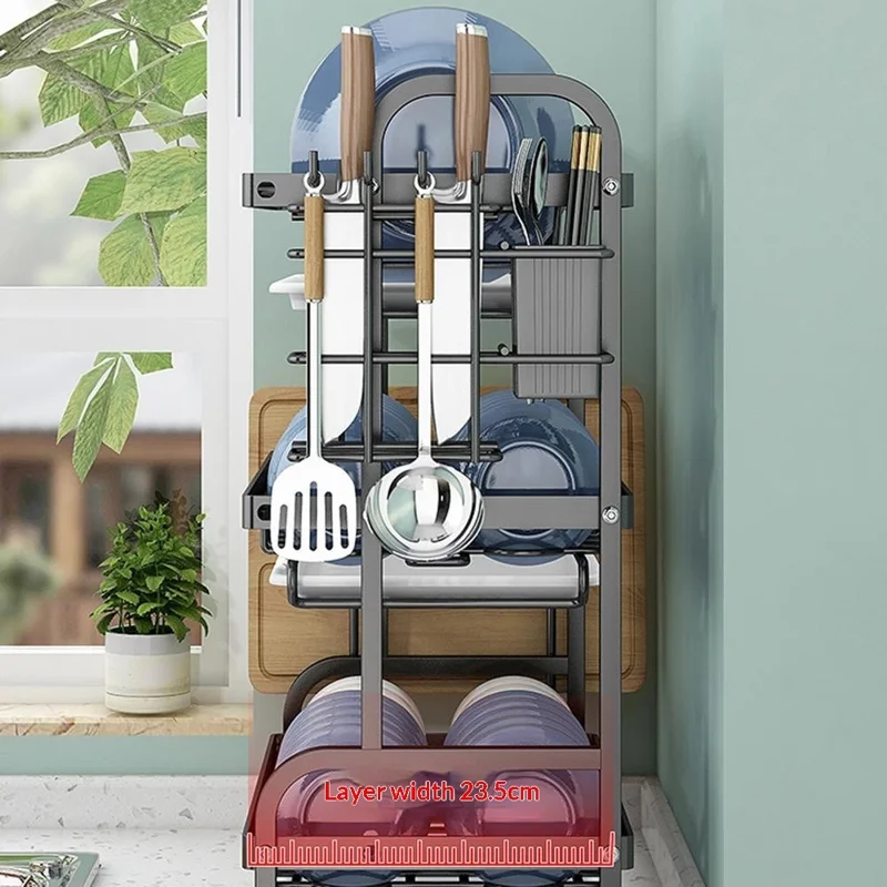 53cm 3 Tier Kitchen Dish Drying Rack Stainless Steel Drainer Shelf with Cutlery Holder Chopping Board Rack - Black