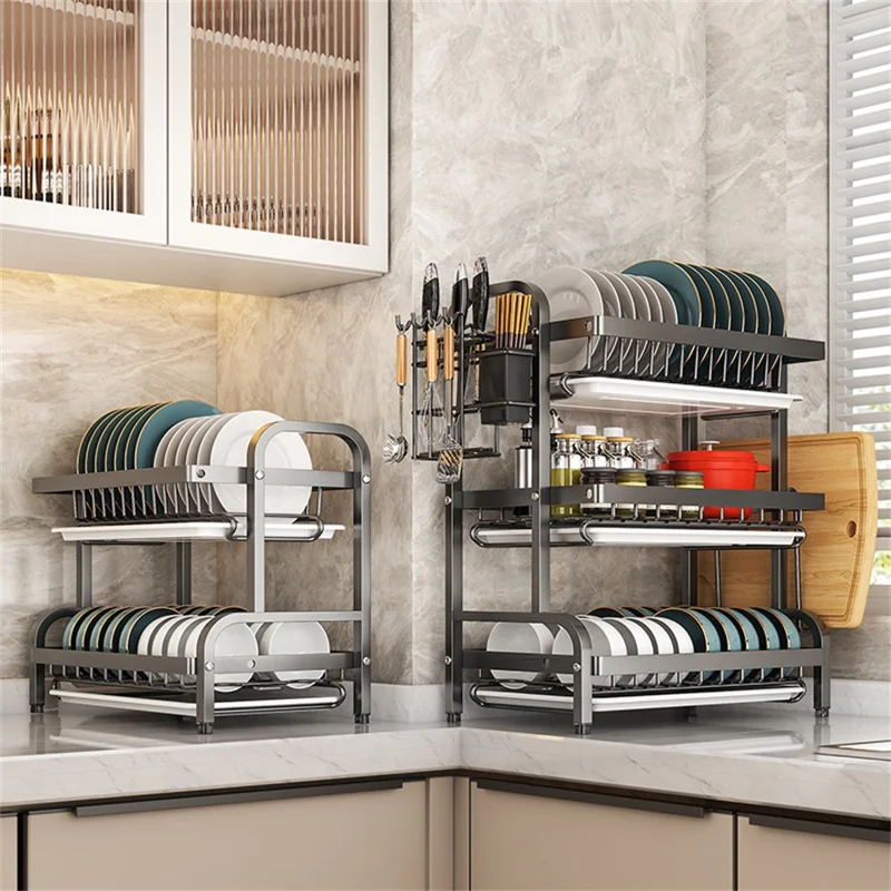 53cm 3 Tier Kitchen Dish Drying Rack Stainless Steel Drainer Shelf with Cutlery Holder Chopping Board Rack - Black
