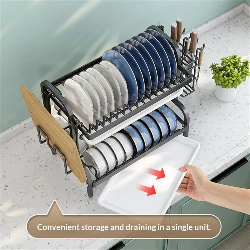 53cm 3 Tier Kitchen Dish Drying Rack Stainless Steel Drainer Shelf with Cutlery Holder Chopping Board Rack - Black