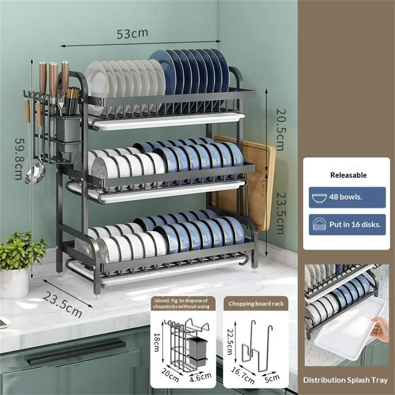 53cm 3 Tier Kitchen Dish Drying Rack Stainless Steel Drainer Shelf with Cutlery Holder Chopping Board Rack - Black