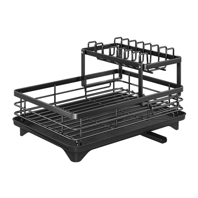 2-poziomowa stojaka suszarka z węglowego stali do naczyń, regulowany pojemnik na talerze kuchenne, organizer z odpływem - Czarny