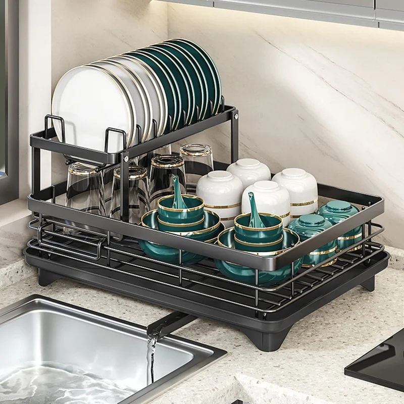 2-poziomowa stojaka suszarka z węglowego stali do naczyń, regulowany pojemnik na talerze kuchenne, organizer z odpływem - Czarny