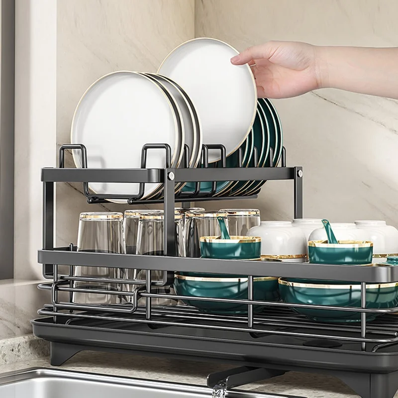 2-poziomowa stojaka suszarka z węglowego stali do naczyń, regulowany pojemnik na talerze kuchenne, organizer z odpływem - Czarny