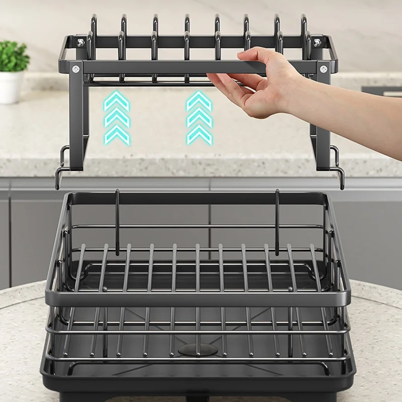 2-poziomowa stojaka suszarka z węglowego stali do naczyń, regulowany pojemnik na talerze kuchenne, organizer z odpływem - Czarny