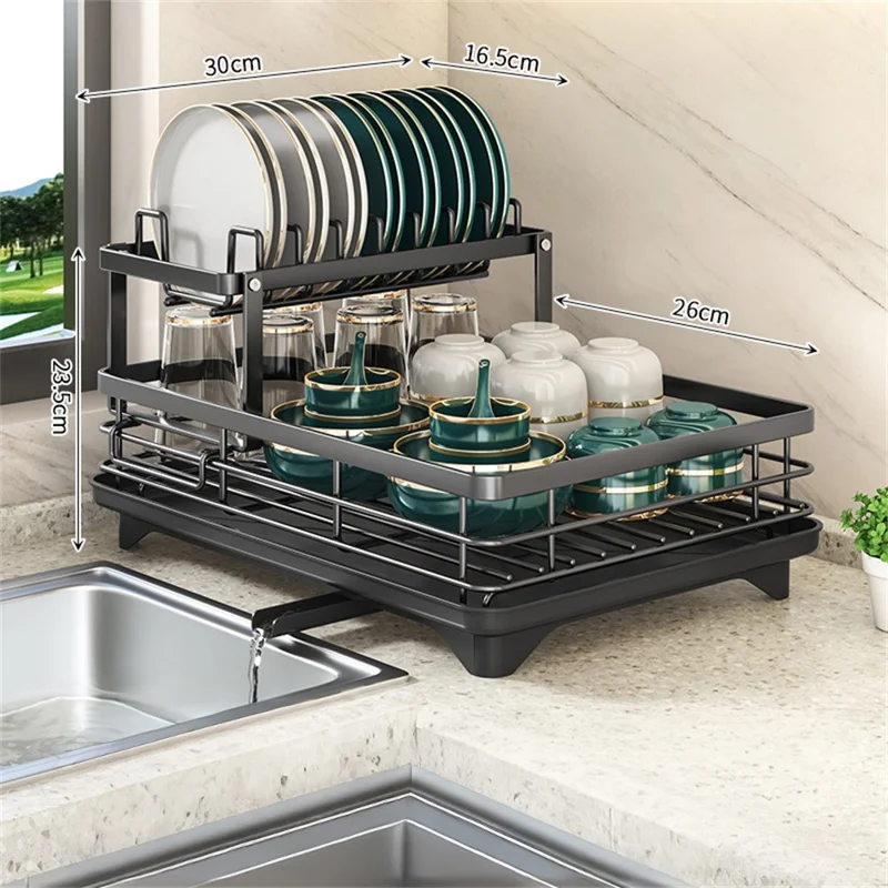 2-poziomowa stojaka suszarka z węglowego stali do naczyń, regulowany pojemnik na talerze kuchenne, organizer z odpływem - Czarny