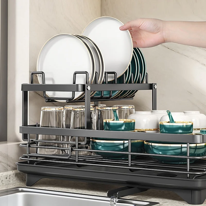 2-ярусная сушилка для посуды из углеродистой стали, органайзер для кухонных тарелок с дуршлагом, держателем разделочной доски и приборов - Черный