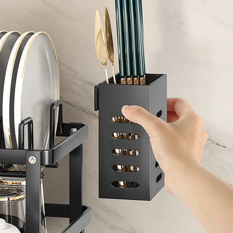 2-ярусная сушилка для посуды из углеродистой стали, органайзер для кухонных тарелок с дуршлагом, держателем разделочной доски и приборов - Черный