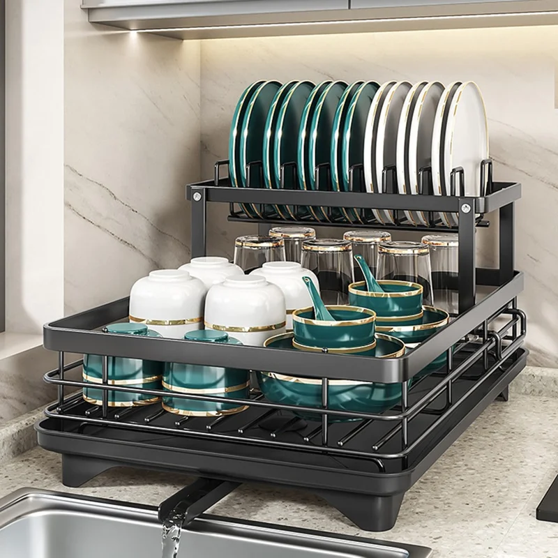 2-ярусная сушилка для посуды из углеродистой стали, органайзер для кухонных тарелок с дуршлагом, держателем разделочной доски и приборов - Черный