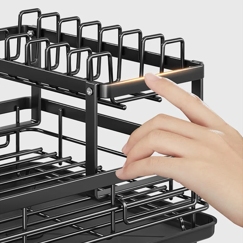 2-ярусная сушилка для посуды из углеродистой стали, органайзер для кухонных тарелок с дуршлагом, держателем разделочной доски и приборов - Черный